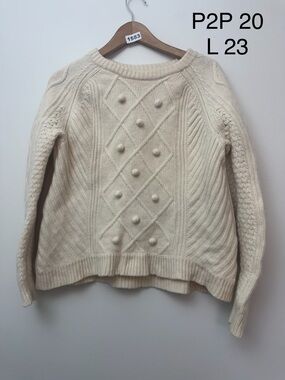 J.Crew Ivory 100% Wool Bobble Cable Knit Sweater | Cottagecore Preppy